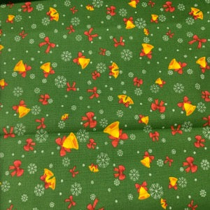 45” Wide 100% Cotton Christmas Bells with Green Background