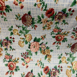 54” Wide Cotton Drapery Fabric Blue and White Check with Floral Green and Rusty Peach