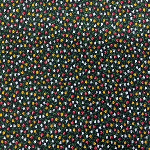 45” Wide Cotton Floral Calico Red, Yellow, White with Black Background Fabric Sold by the Yard