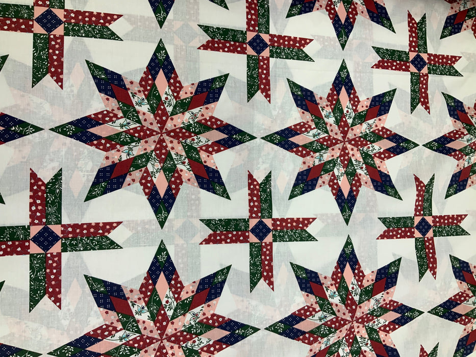 90" Wide Cheater Quilt Top Lone Star Coral, Green, and Cranberry, Sold by the yard