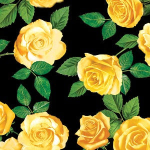 45" Wide Yellow Rose Garden (Black) 100% Cotton