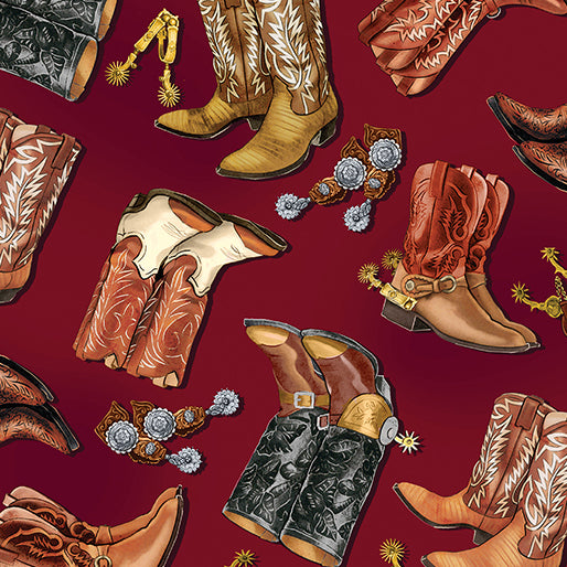 45" Wide Cowboy Boots Brick red Yellowstone (14478-10) 100% Cotton Sold By The Yard