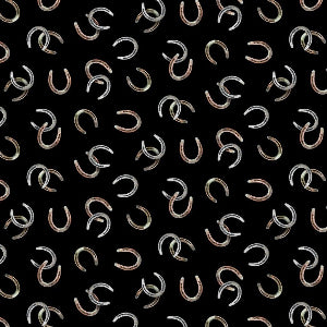 45" Wide Thunder and Dust 736 Black Horseshoes 100% Cotton Sold By The Yard