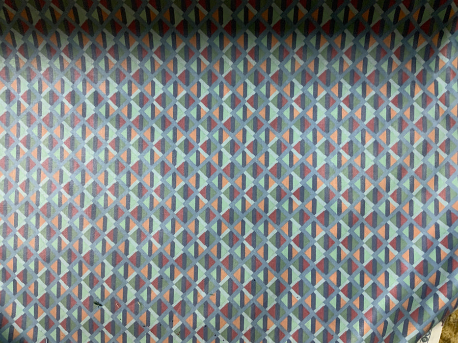 54” Wide 100% Cotton Drapery Fabric Rust, Blue, and Green with Blue Diamond
