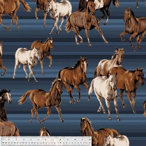 60" Wide 100% Polyester Horses on Blue background