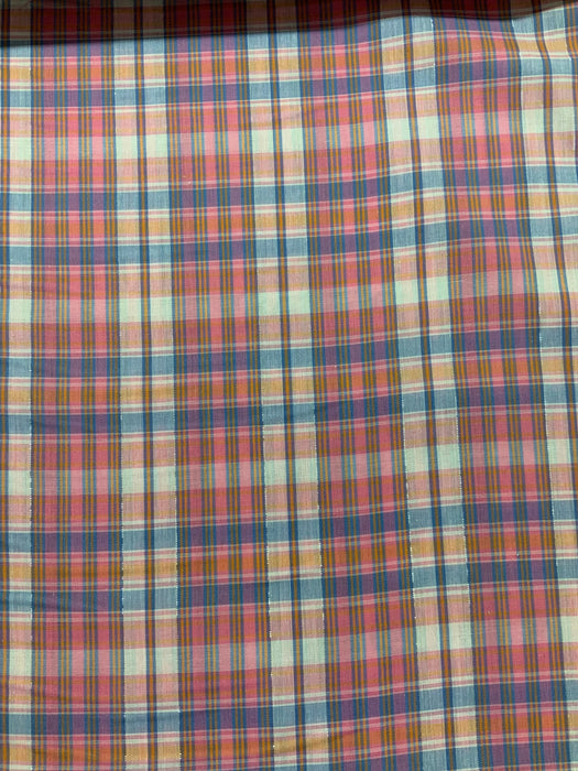 45" Wide Plaid Pink, Blue, White With Silver Thread 100% Cotton Sold By The Yard