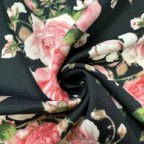 Scuba Knit Black and Pink Multi Floral Print 96% Polyester 4% Spandex Sold by The Yard