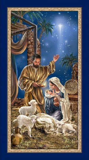 24" X 45" Panel Timeless Traesures Blue Holy Night Nativity