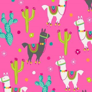 45" Wide Llama Tossed Allover Pink background