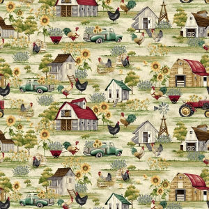 45" Wide Chicken Shack Scenic Fabric 3311 100% Cotton Sold By The Yard