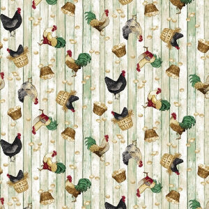 45" Wide Chicken Shack Whitewash Chickens Allover 3307 100% Cotton Sold By The Yard