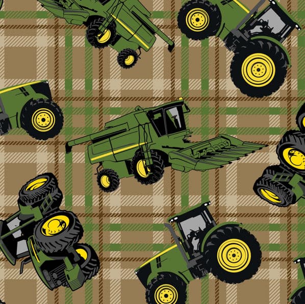 45" Wide John Deere Tractors on Plaid Brown (54789-2160715) 100% Cotton Sold by The Yard