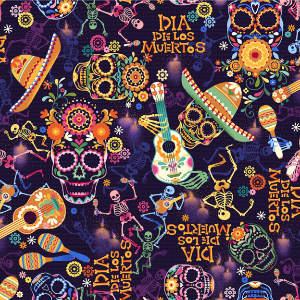 45" Wide Day of the Dead 59-8631 Purple Skulls & Guitars 100% Cotton Sold By The Yard