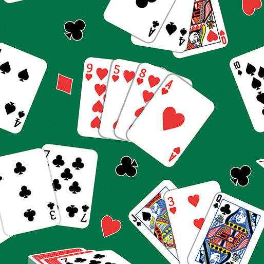 45" Wide Playing Cards Green Let's Play (14815-44) 1100% Cotton Sold By The Yard