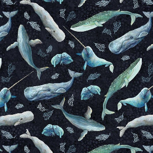 45" Wide A Drop in The Ocean Midnight Sealife Toss 8818-74 100% Cotton Sold By The Yard