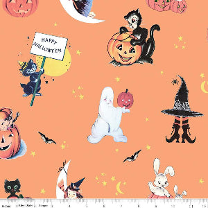 45" Wide Halloween Fright Delight (C13230 Orange) 100% Cotton Sold By The Yard