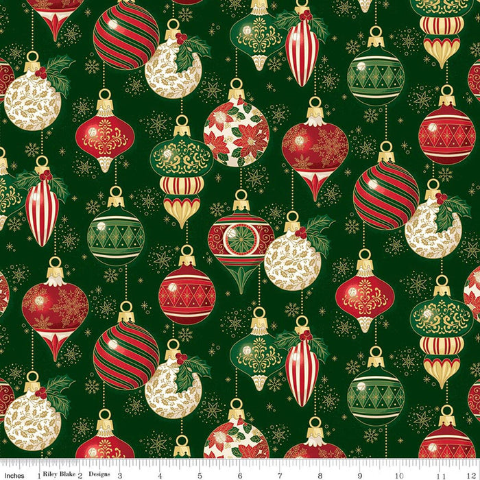 45" Wide Riley Blake Poinsettias at Christmas Ornaments Green Foil 100% Cotton (CF17631-GREEN), Sold By The Yard
