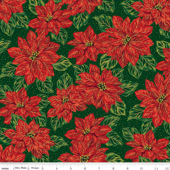 45" Wide Riley Blake Poinsettias at Christmas Main Green Foil (CF17630-GREEN), Sold By The Yard