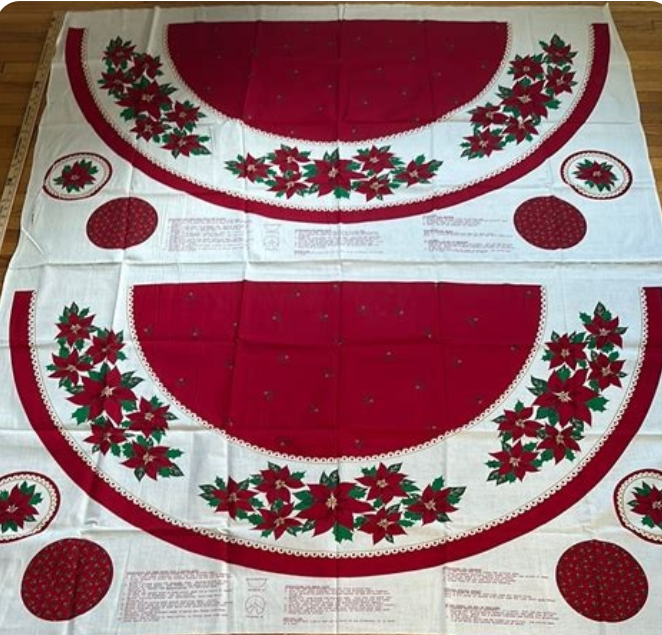 2 Vintage Poinsettia Christmas Tree Skirt Panels 100% Cotton Sold By 2 Panels