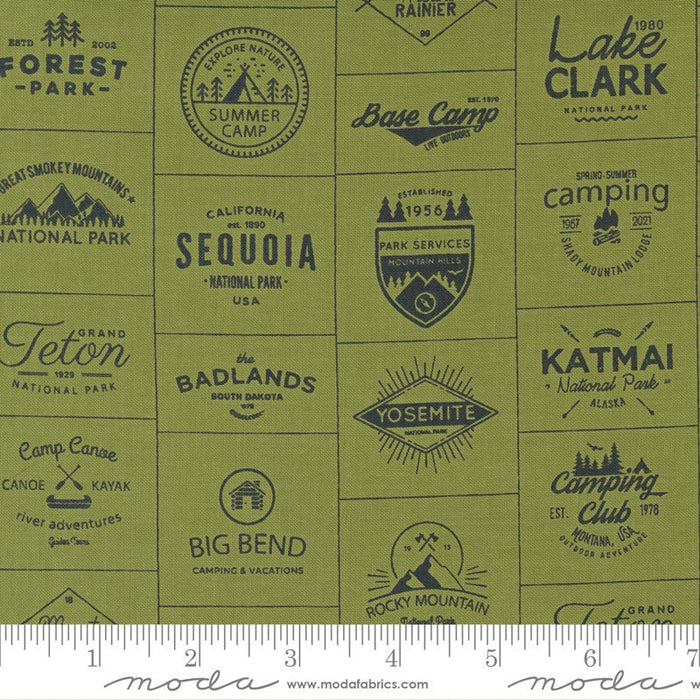 45" Wide Moda Fabrics Timber Camp Badges Pine 55550-25 100% Cotton Sold By The Yard