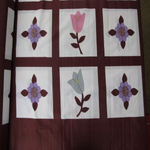90" Cheater Quilt Top Large Flowers Burgundy Design 15347