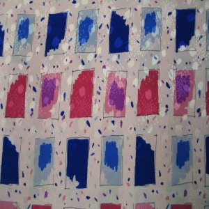45" China Silk 100% Polyester Boxes Abstract Blue, Purple, Pink with Pink Background