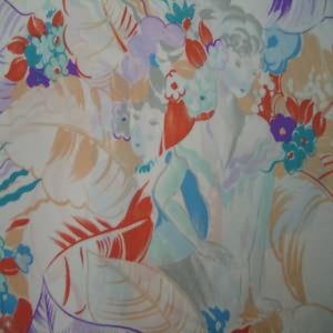 45" China Silk 100% Polyester Floral Cream, Peach and Mint Green