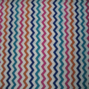 45" China Silk 100% Polyester Zig Zags Turquoise, Pink, Orange, Royal with Cream Background