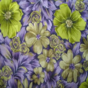 45" China Silk 100% Polyester Floral Green, Brown with Purple Background