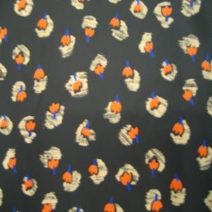 45" China Silk 100% Polyester Floral Orange, Blue with Black Background