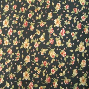 45" China Silk 100% Polyester Floral Cream, Red with Black Background