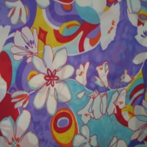 45" China Silk 100% Polyester Floral White, Red, Turquoise with Purple Background