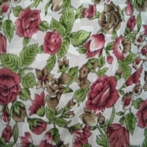 45" China Silk 100% Polyester Floral Burgundy, Brown with White Background