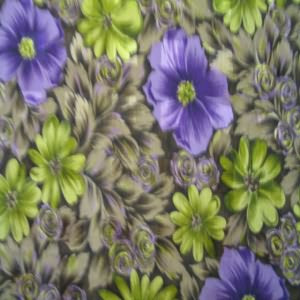 45" China Silk 100% Polyester Floral Purple, Green with Brown Background