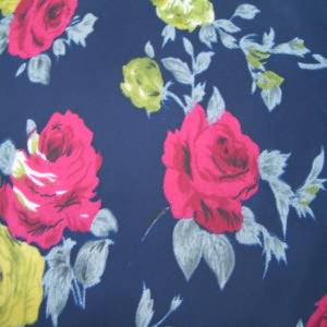 45" China Silk 100% Polyester Floral Red and Green with Navy Background