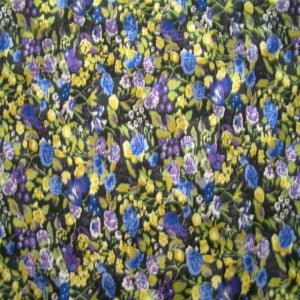 45" China Silk 100% Polyester Floral Blue, Purple, Gold with Black Background