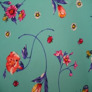 45" China Silk 100% Polyester Floral Purple, Pink with Blue Green Background