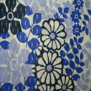 45" China Silk 100% Polyester Floral Navy, Lavender with White Background