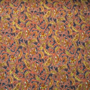 45" China Silk 100% Polyester Paisley Red, Yellow with Navy Background