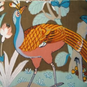 54" Drapery/Bedding Bird Teal, Coral, Orange with Brown Background