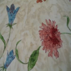 54" Drapery 100% Cotton Floral Plum, Rust, Blue and Green with Marbled Tan Background
