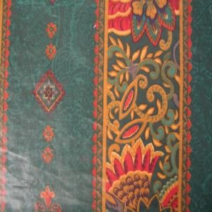 54" Drapery 100% Cotton Floral Stripe Rusty Red and Golden Brown with Teal Green Background, Has <br>Coordinating Piece DR3-20