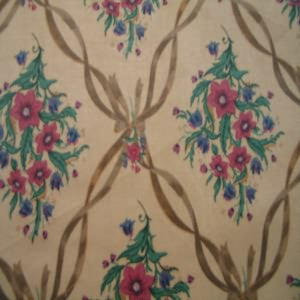 54" Drapery 100% Cotton Floral and Ribbon Burgundy and Brown with Light Brown Background