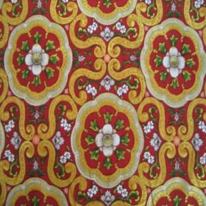 54" Drapery 100% Cotton Floral Green, Gold and Off White with Dark Red BackgroundCoordinates with DRW-101
