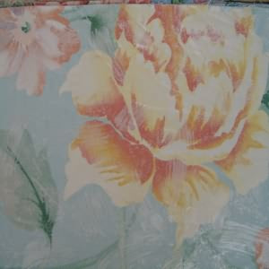 54" Drapery 100% Cotton Floral Golden, Cream,and Papaya with Aqua Background
