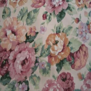 54" Drapery 100% Cotton Floral Mauve, Peach with Green Leaf