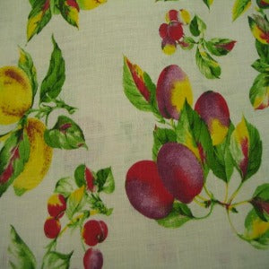 60" Linen 100% Fruit Yellow, Green, Red with White Background
