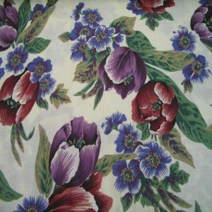 60" Linen Look Floral Burgundy and Purple with Ivory Background
