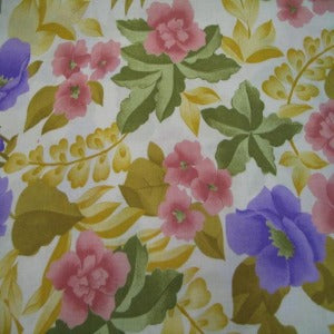 60" Linen Look 50% Polyester / 50% Rayon Floral Gold, Purple, Rose, Green with Ivory Background