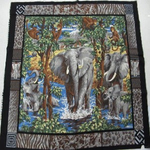 45" X 36" Panel Elephant Social 100% Cotton Brown #10018